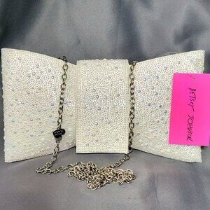Betsey Johnson Pearl  Rhinestone Embellished Bow Clutch Bag, Retails $125 ~ NWT